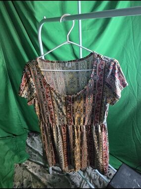 Bobbie Brooks Multicolor Striped Floral Scoop-Neck Peplum Top